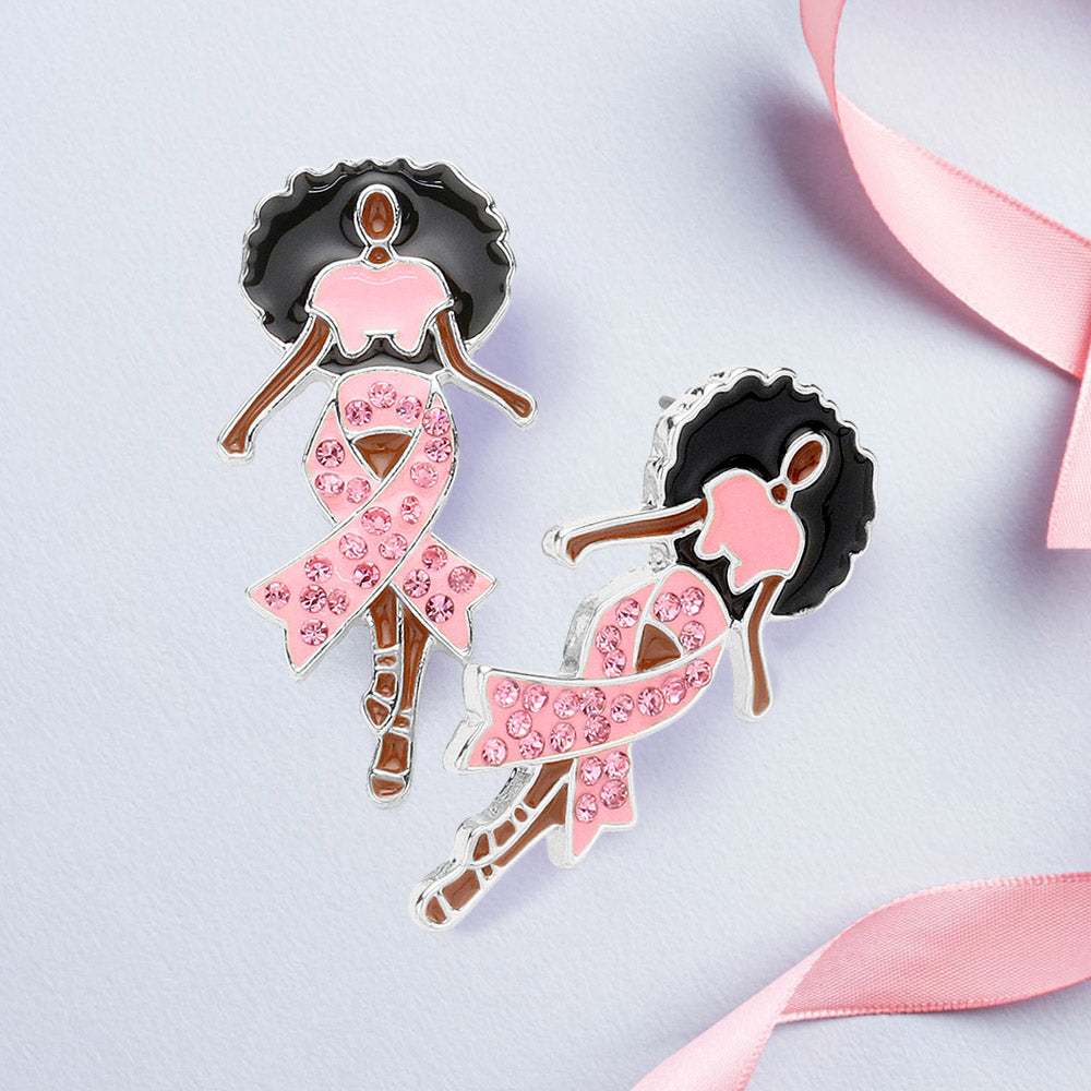Light, Pink, Rhodium Stone Paved Pink Ribbon Enamel   Afro Woman Earrings