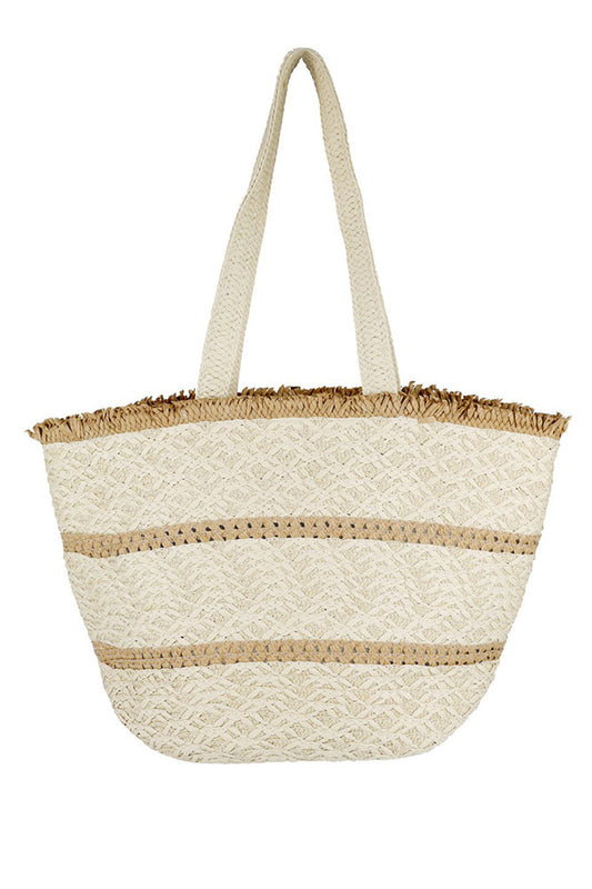 Beige Stripe Detail Frayed Straw Bag combines artisanal craftsmanship with contemporary design. Featuring a natural straw weave accented by bold stripe detailing and subtle frayed edges, this bag offers a refined yet relaxed aesthetic. Its roomy interior accommodates daily essentials, making it an ideal accessory for both casual outings and stylish errands. Durable and lightweight, it provides practical elegance for the modern wardrobe. 