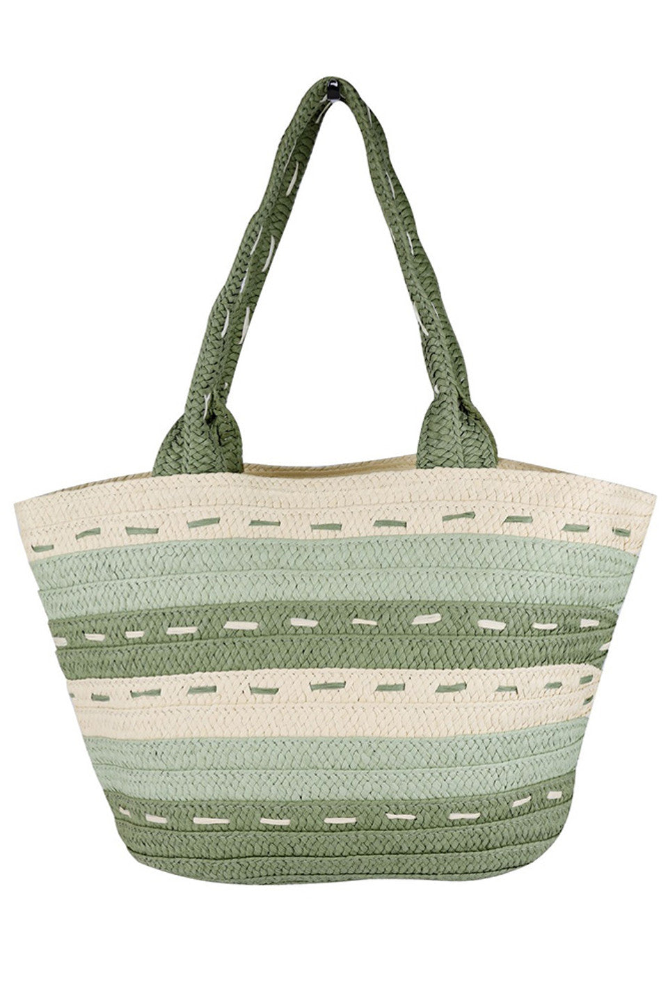 Olive Striped Pattern Dotted Line Detail Straw Bag combines meticulous craftsmanship with timeless design. Featuring a distinctive striped motif accented by precise dotted lines, this lightweight yet durable bag offers both aesthetic appeal and practical functionality. Ideal for elevating casual and resort wear, it provides ample space while maintaining a refined silhouette. 