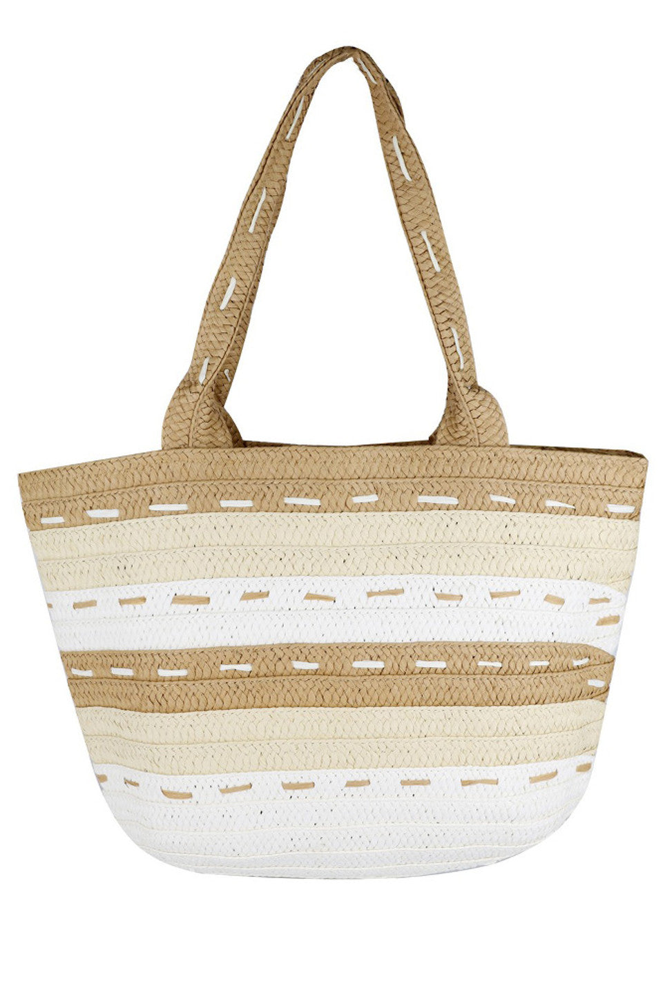 Taupe Striped Pattern Dotted Line Detail Straw Bag combines meticulous craftsmanship with timeless design. Featuring a distinctive striped motif accented by precise dotted lines, this lightweight yet durable bag offers both aesthetic appeal and practical functionality. Ideal for elevating casual and resort wear, it provides ample space while maintaining a refined silhouette. 