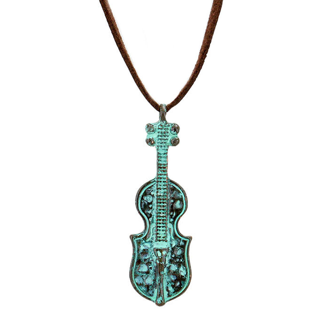 Patina Verdigris Suede Metal Guitar Pendant Necklace, Get ready with these Metal Guitar Pendant Necklace, put on a pop of color to complete your ensemble. Perfect for adding just the right amount of shimmer & shine and a touch of class to special events. Perfect Birthday Gift, Anniversary Gift, Mother's Day Gift, Graduation Gift.