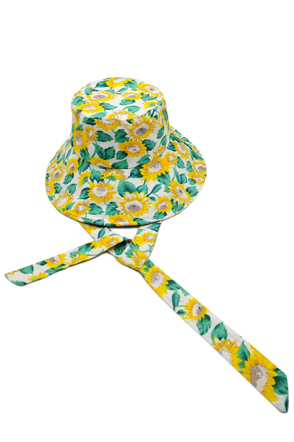 white SUNFLOWER PRINT CHINE TIE BUCKET HAT is a distinctive bucket hat that showcases a distinctive sunflower print pattern complemented by a functional chin tie for optimal stability. The premium construction ensures durability while maintaining breathability, making it suitable for extended outdoor wear. The classic bucket silhouette provides comprehensive sun protection with a fashionable aesthetic. Ideal for both practical weather defence and elevating casual ensembles.