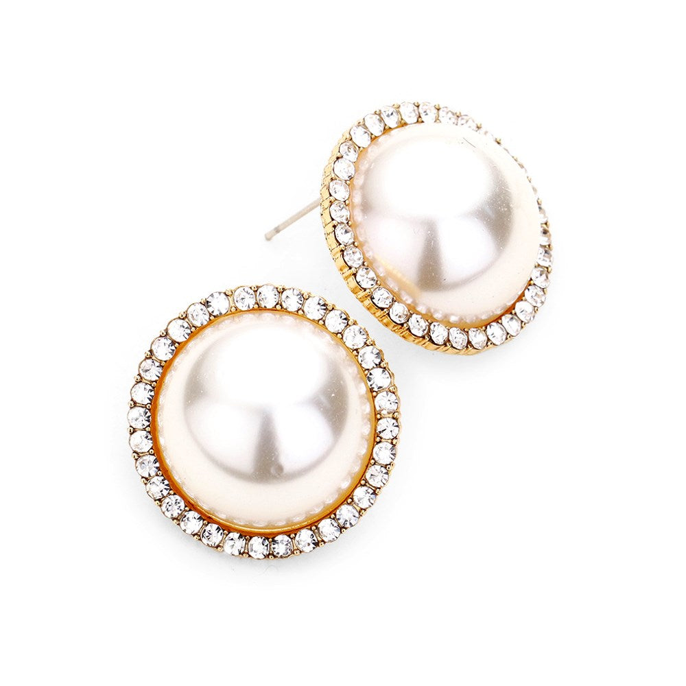 Classic Elegant Crystal Pave Trimmed Pearl Stud Earrings Special Occasion, elegance becomes you in these lustrous studs, luminous faux pearls and sparkling pav√© rhinestones adding just the right amount of shine, a look that‚Äôs polished to perfection. Rhodium, Gold, Gray; Weddings, Prom, Sweet 16, Quinceanera, Graduation