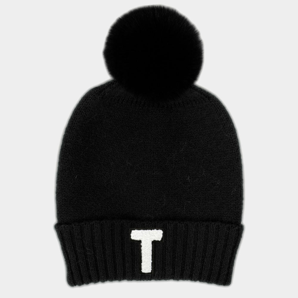 Black -T- Initial Monogram Faux Fur Pom Pom Knit Beanie Hat