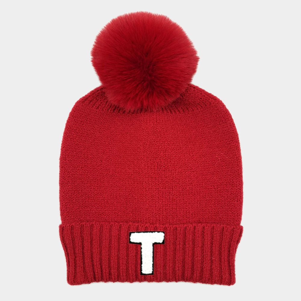 Burgundy -T- Initial Monogram Faux Fur Pom Pom Knit Beanie Hat