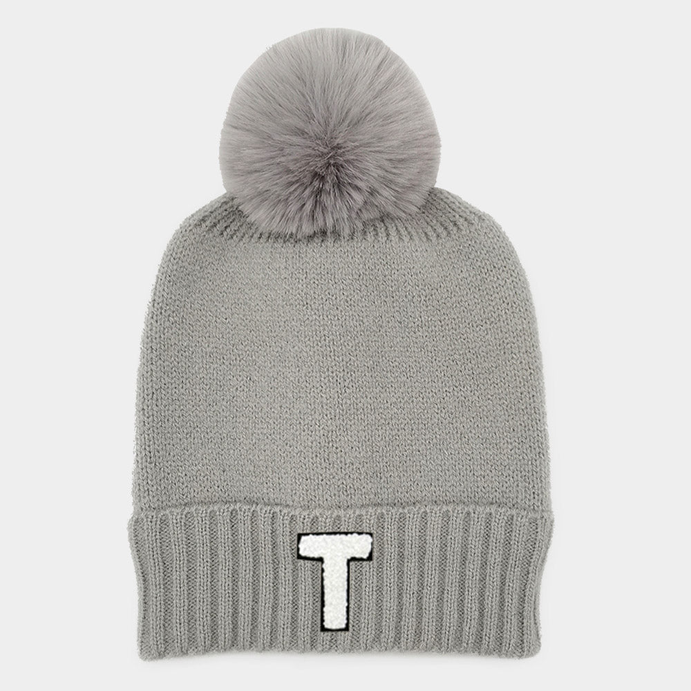 Gray -T- Initial Monogram Faux Fur Pom Pom Knit Beanie Hat