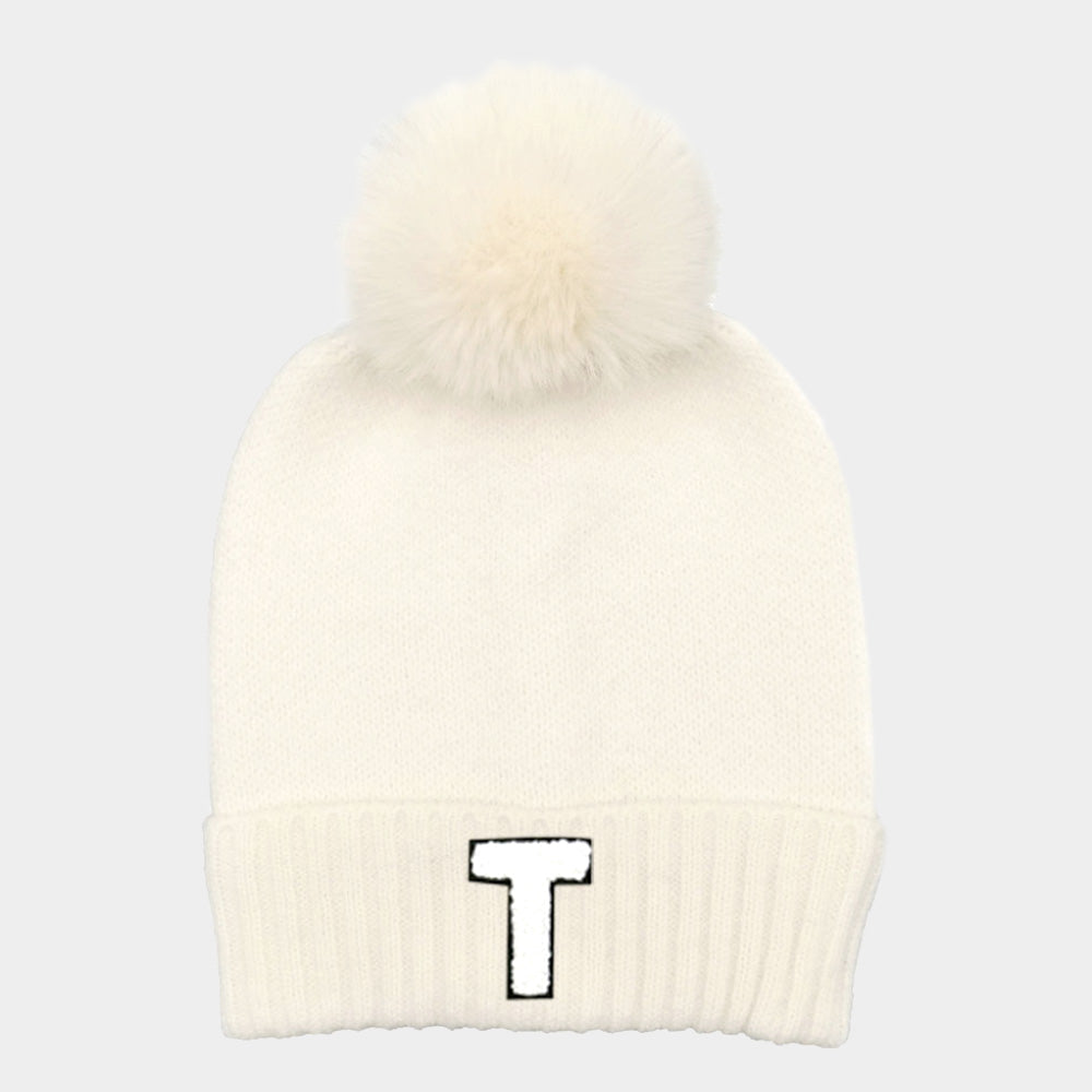 Ivory -T- Initial Monogram Faux Fur Pom Pom Knit Beanie Hat