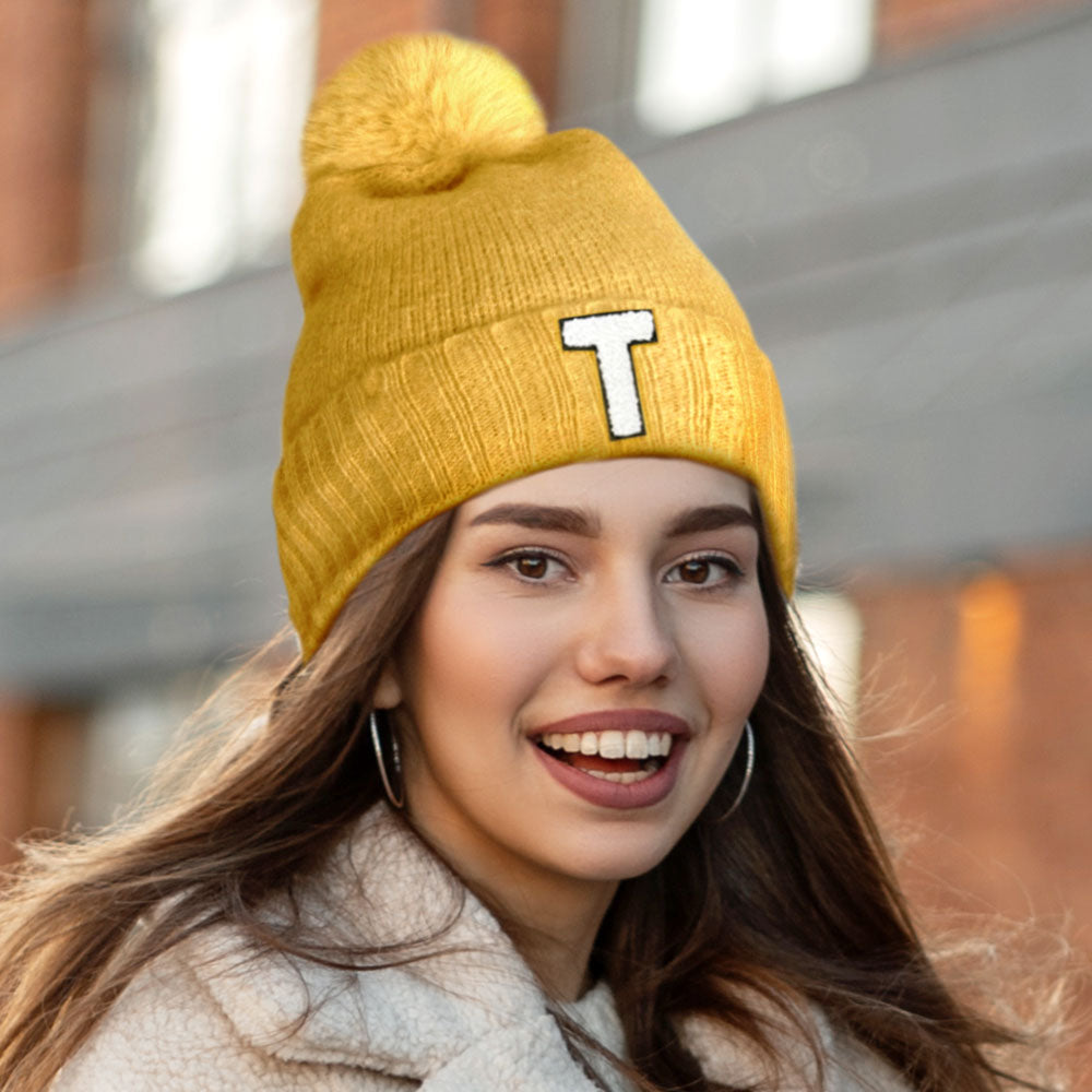 Mustard -T- Initial Monogram Faux Fur Pom Pom Knit Beanie Hat