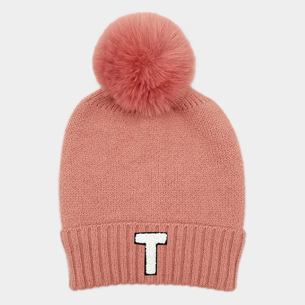 Pink -T- Initial Monogram Faux Fur Pom Pom Knit Beanie Hat