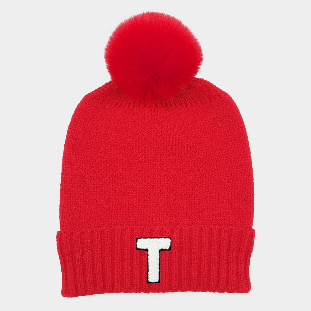 Red -T- Initial Monogram Faux Fur Pom Pom Knit Beanie Hat