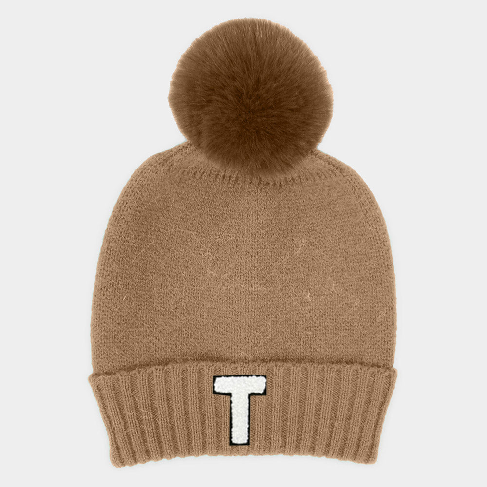 Taupe -T- Initial Monogram Faux Fur Pom Pom Knit Beanie Hat