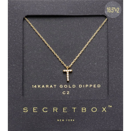 ~T~, Gold -T- Secret Box _ 14K Gold Dipped CZ Initial Monogram Pendant Necklace