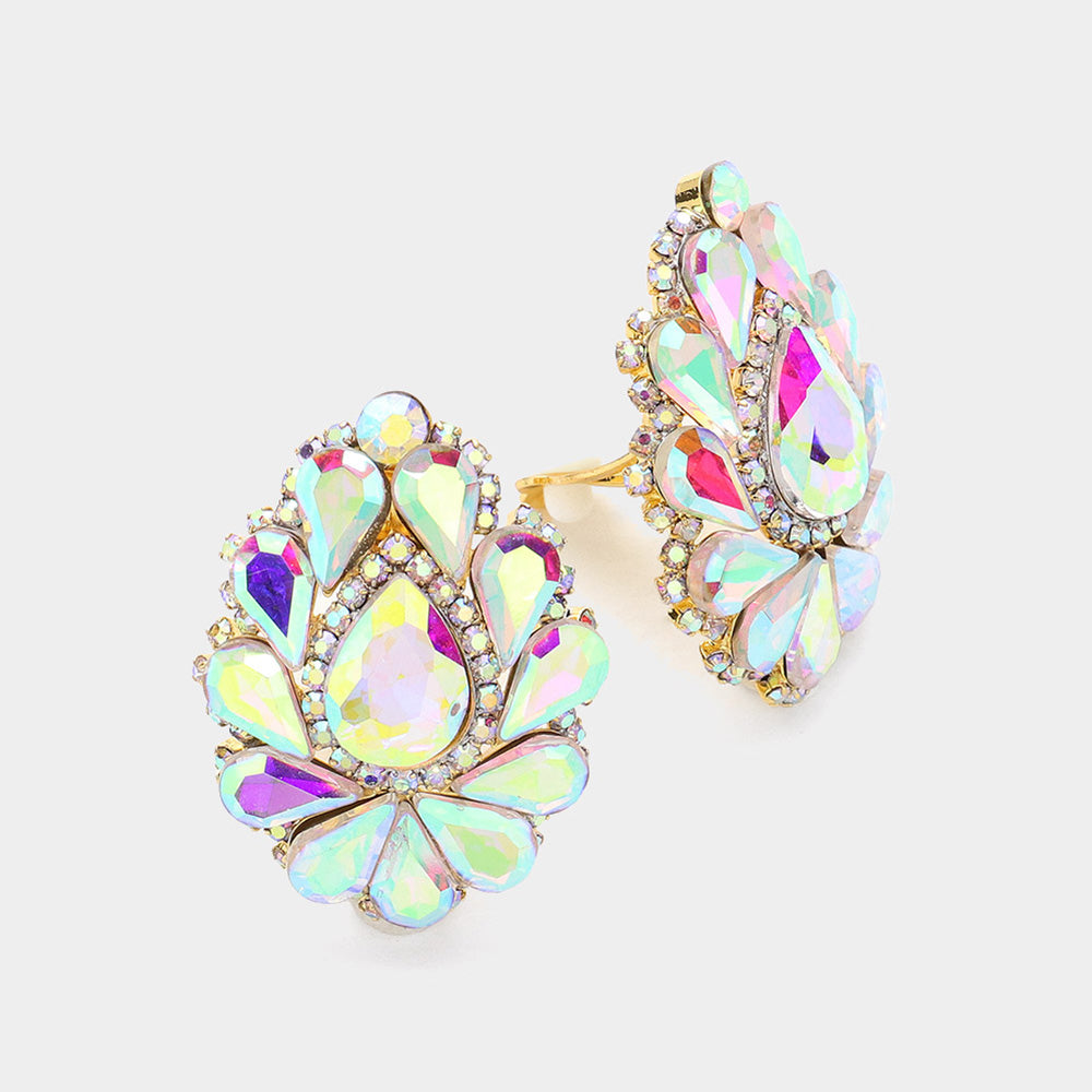 AB, Gold Teardrop Crystal Cluster Clip on Evening Earrings