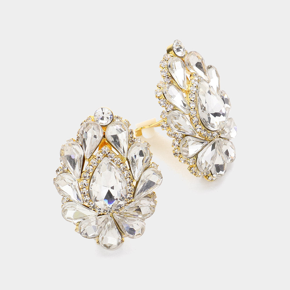 Clear, Gold Teardrop Crystal Cluster Clip on Evening Earrings