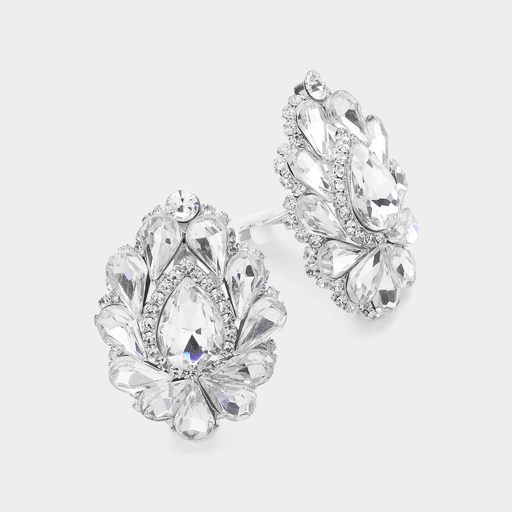 Clear, Silver Teardrop Crystal Cluster Clip on Evening Earrings