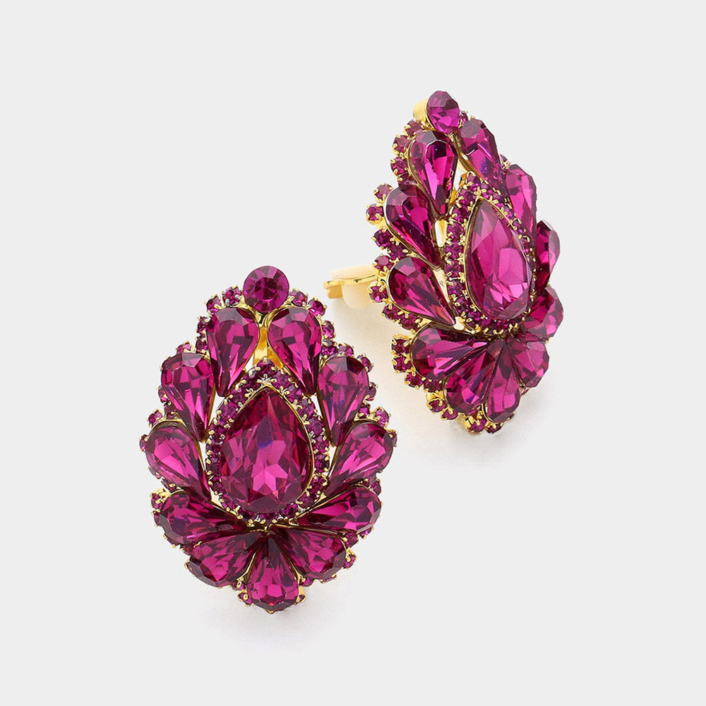 Fuchsia Teardrop Crystal Cluster Clip on Evening Earrings