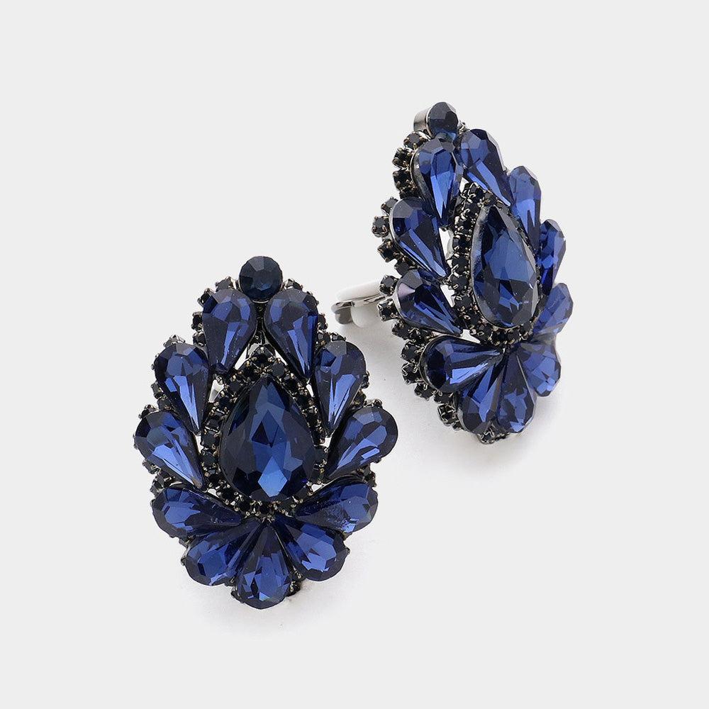 Navy Teardrop Crystal Cluster Clip on Evening Earrings