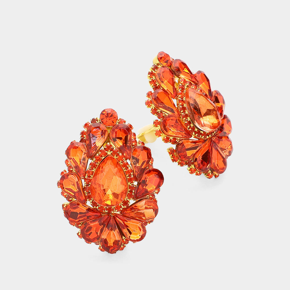 Orange Teardrop Crystal Cluster Clip on Evening Earrings