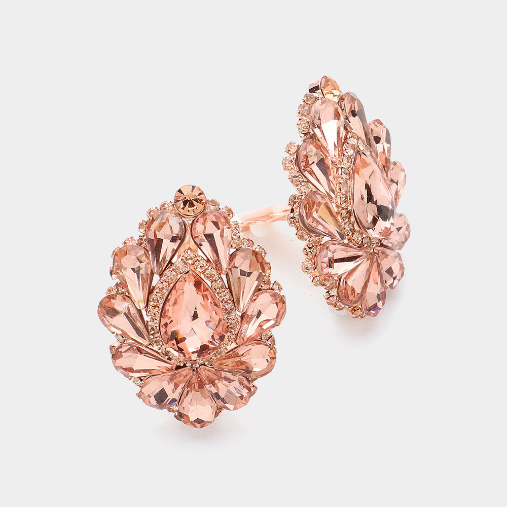Peach Teardrop Crystal Cluster Clip on Evening Earrings