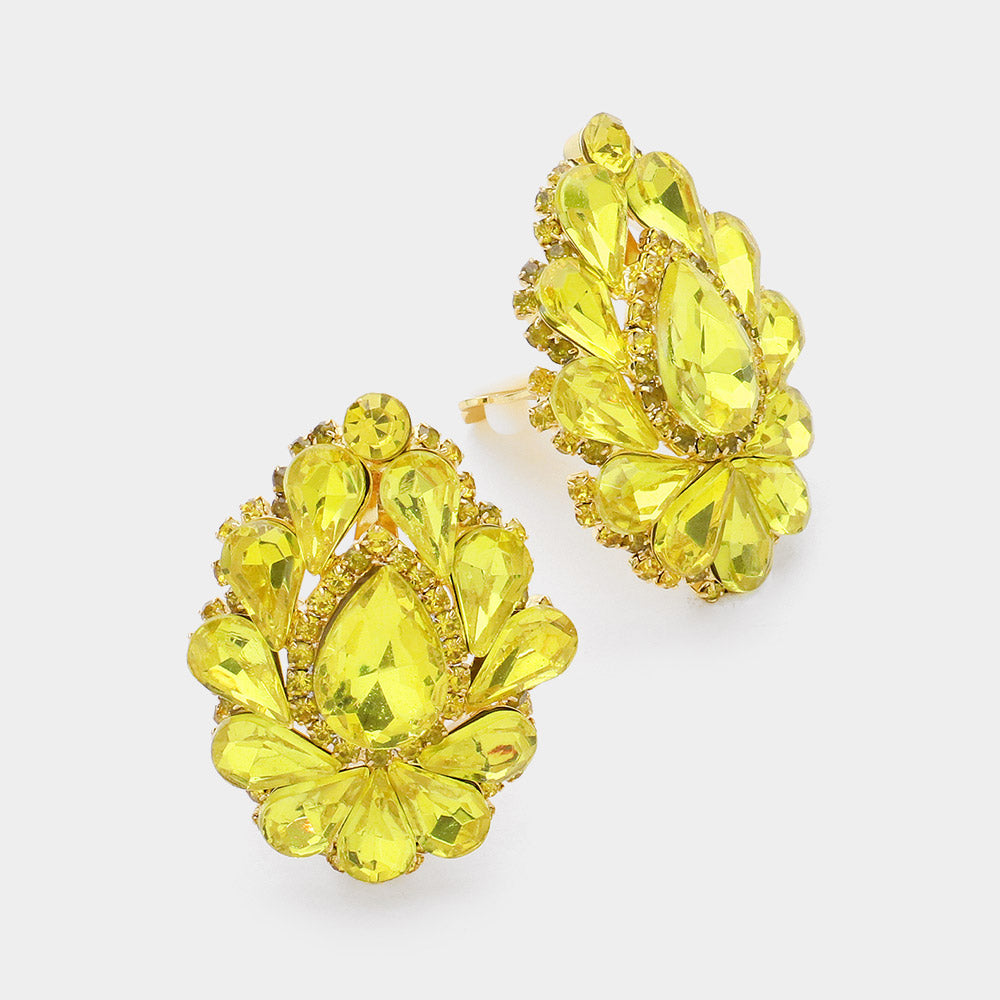 Yellow Teardrop Crystal Cluster Clip on Evening Earrings