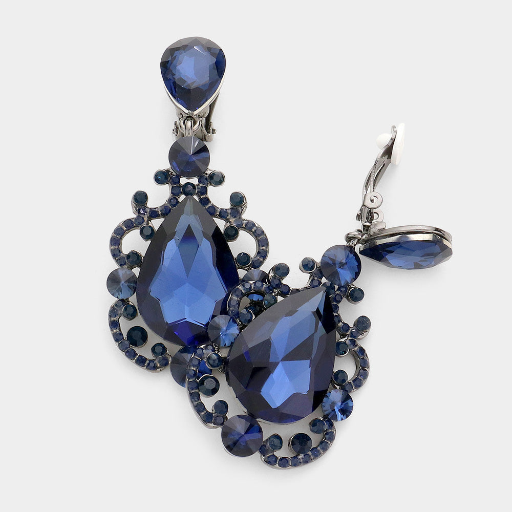 Navy Teardrop Crystal Dangle Evening Clip on Earrings