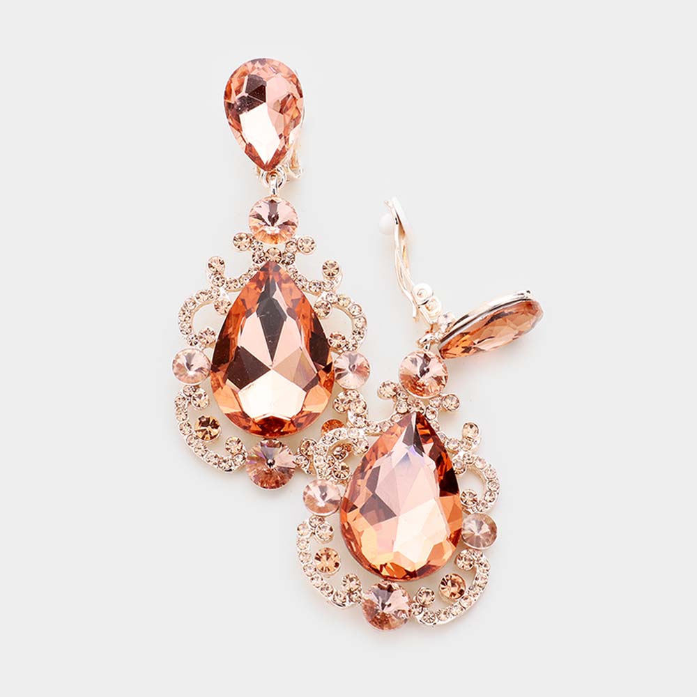 Peach, Rose Gold Teardrop Crystal Dangle Evening Clip on Earrings