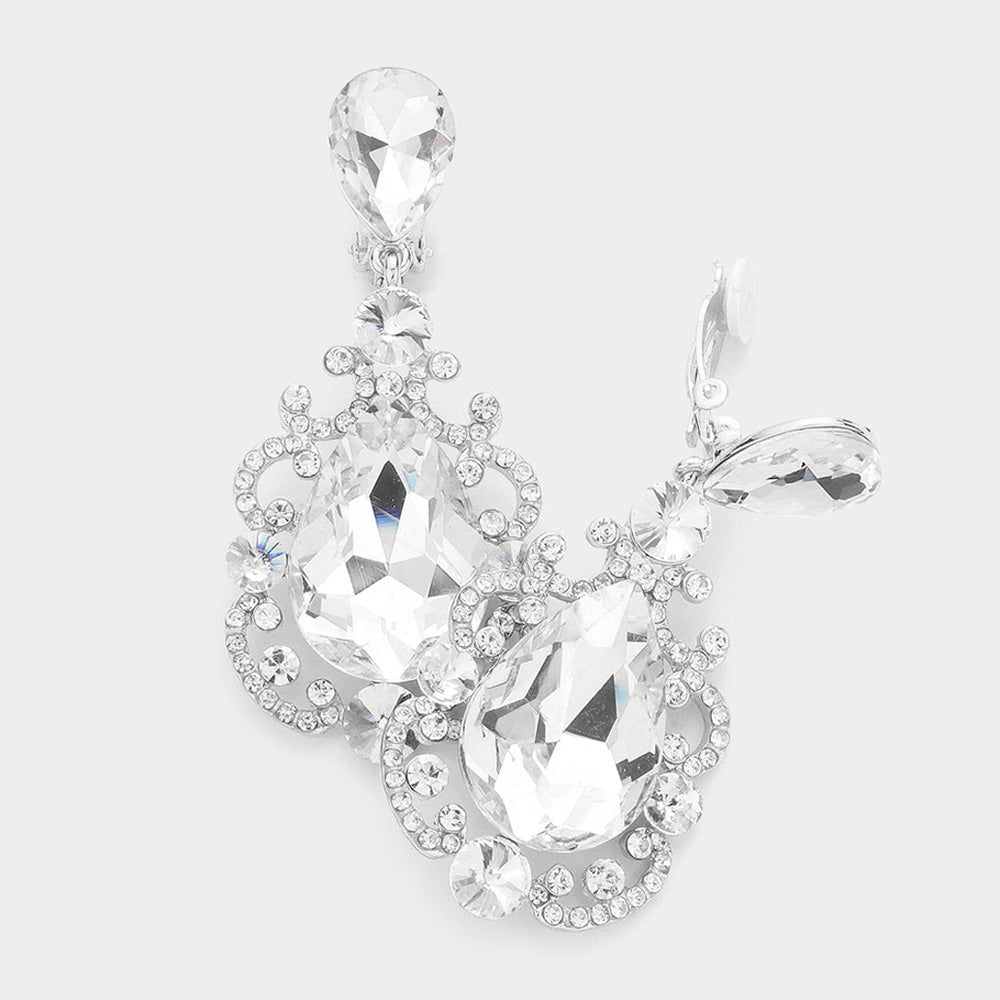 Rhodium Teardrop Crystal Dangle Evening Clip on Earrings