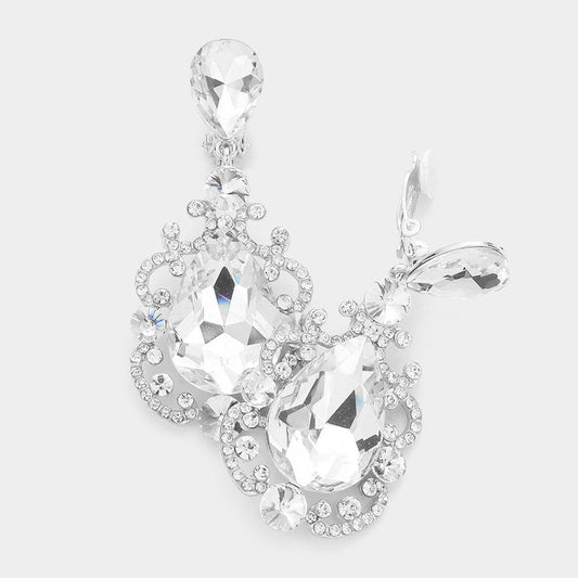 Rhodium Teardrop Crystal Dangle Evening Clip on Earrings