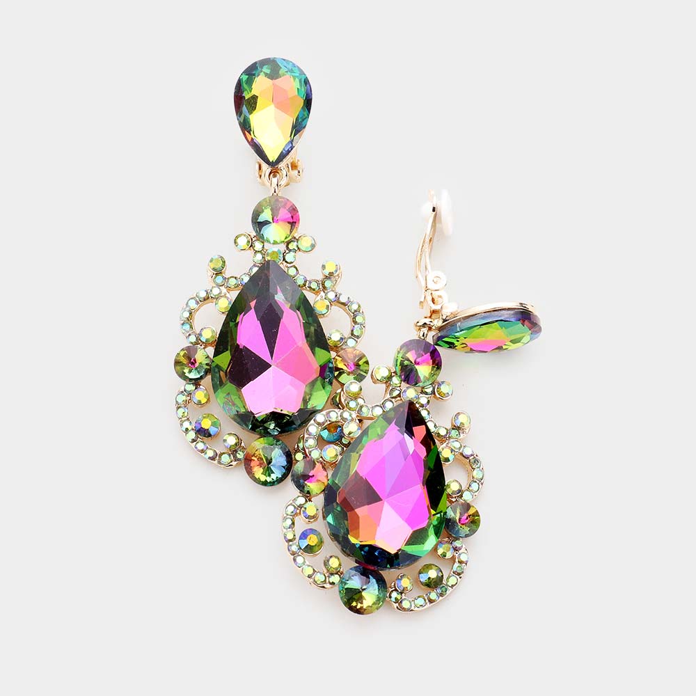 Vitrail Medium Teardrop Crystal Dangle Evening Clip on Earrings