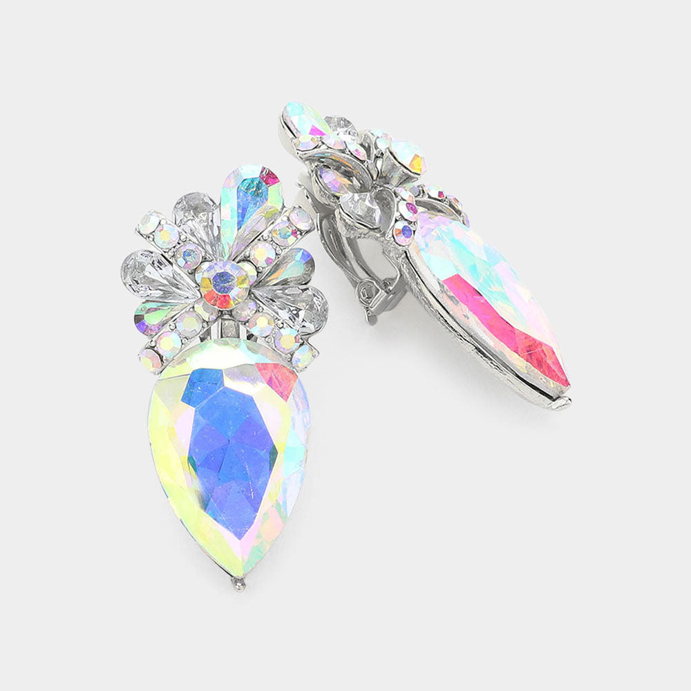 AB, Rhodium Teardrop Crystal Rhinestone Clip On Earrings