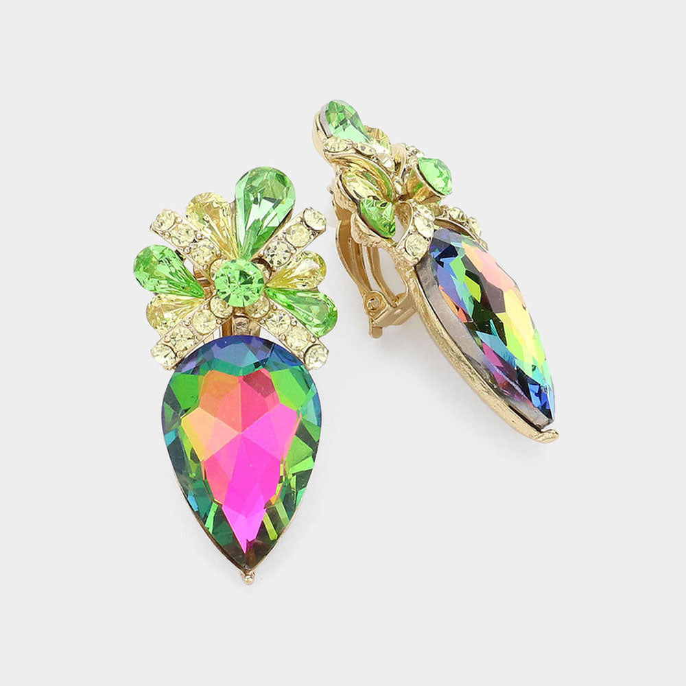 Gold Teardrop Crystal Rhinestone Clip On Earrings