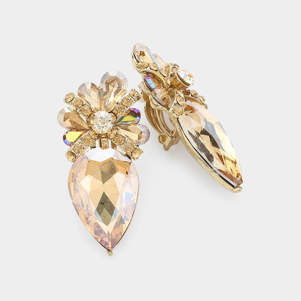 Gold, Lt Col Topaz Teardrop Crystal Rhinestone Clip On Earrings