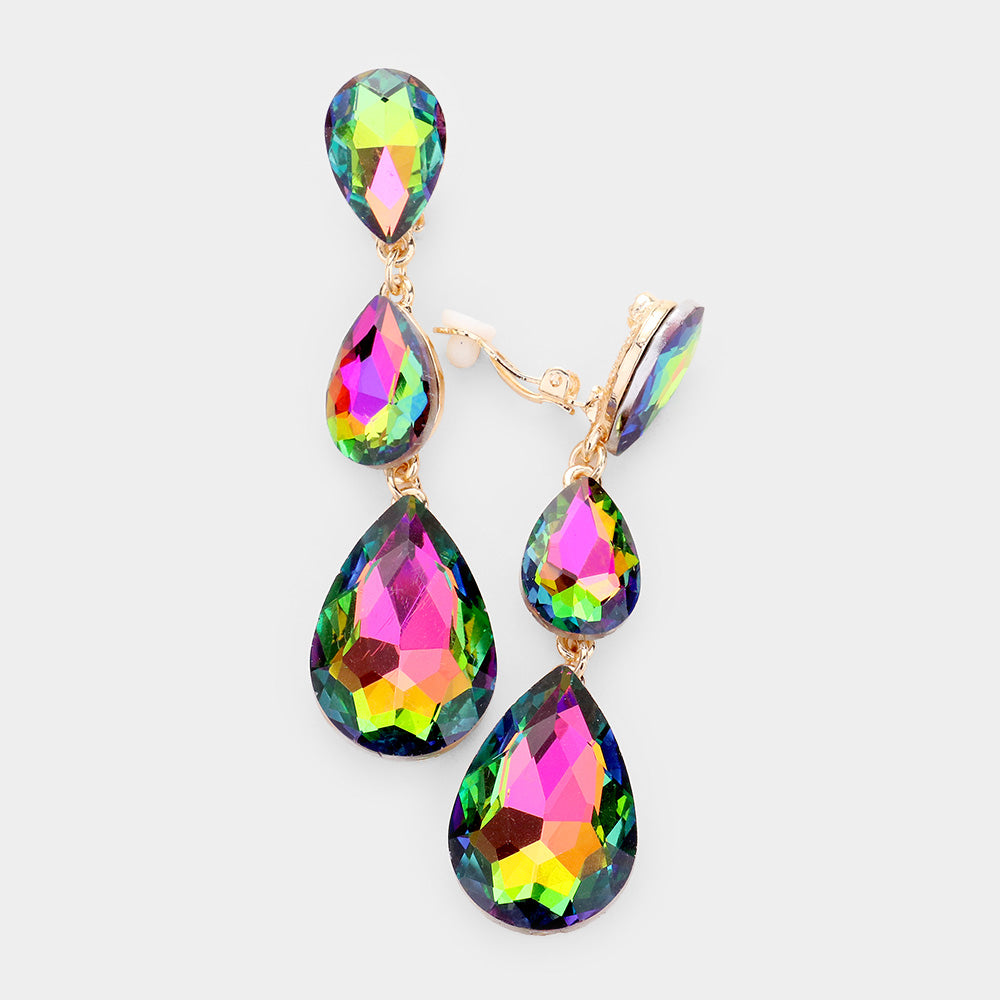  Teardrop Glass Crystal Drop Evening Clip On Earrings