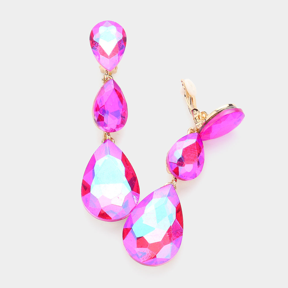 AB, Fuchsia Teardrop Glass Crystal Drop Evening Clip On Earrings