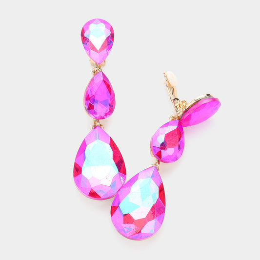 AB, Fuchsia Teardrop Glass Crystal Drop Evening Clip On Earrings