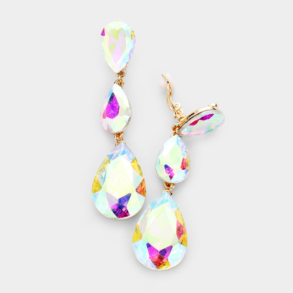 AB, Gold Teardrop Glass Crystal Drop Evening Clip On Earrings