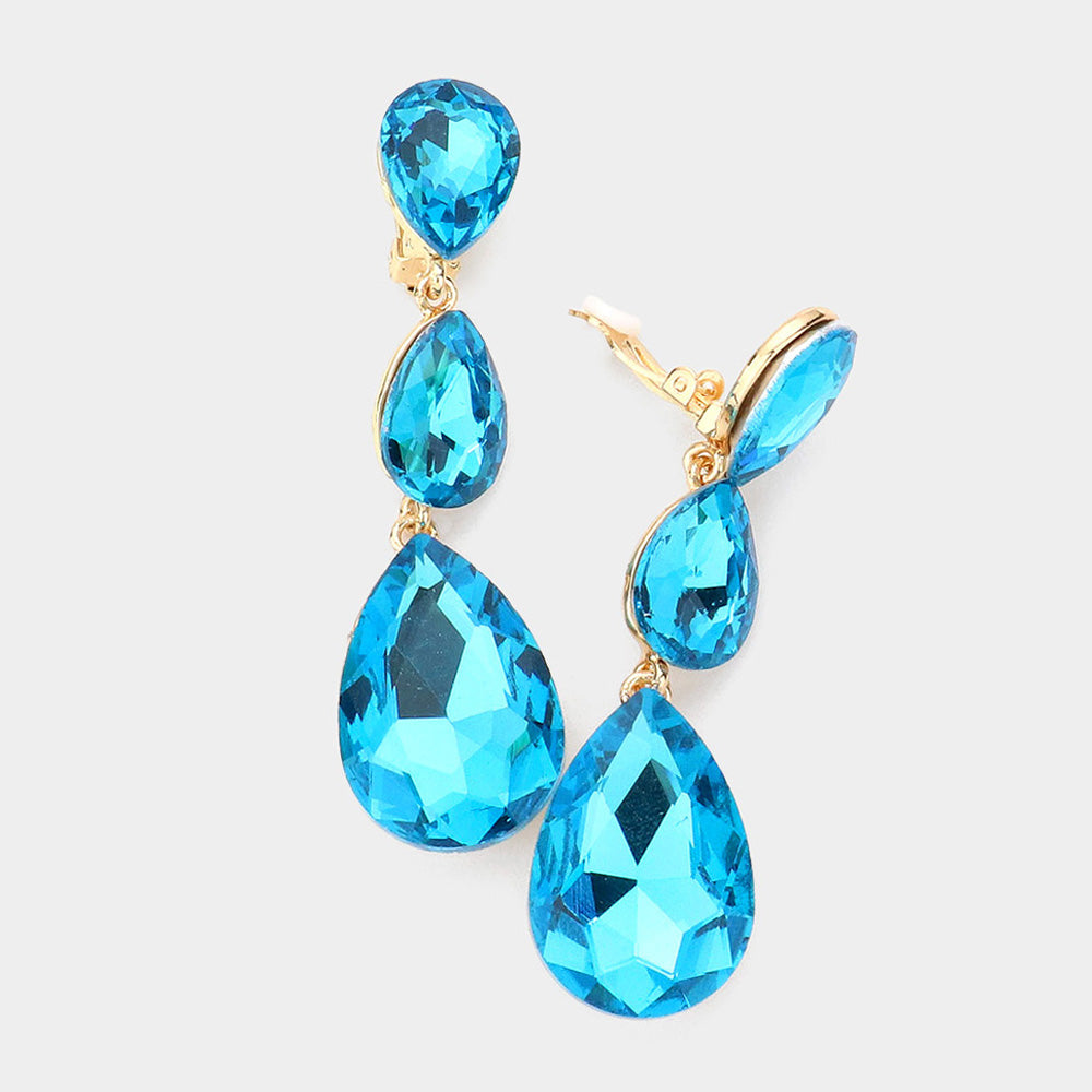 Aqua Teardrop Glass Crystal Drop Evening Clip On Earrings