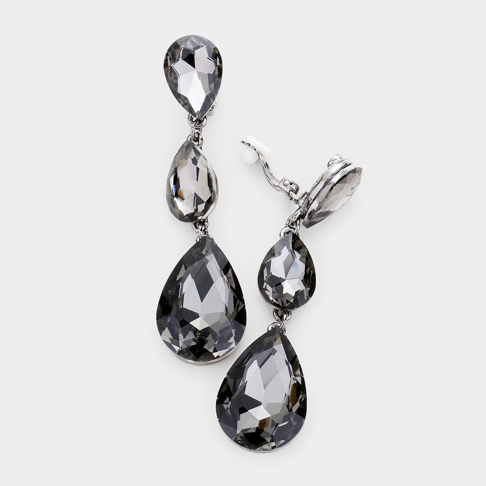 Black Diamond Teardrop Glass Crystal Drop Evening Clip On Earrings