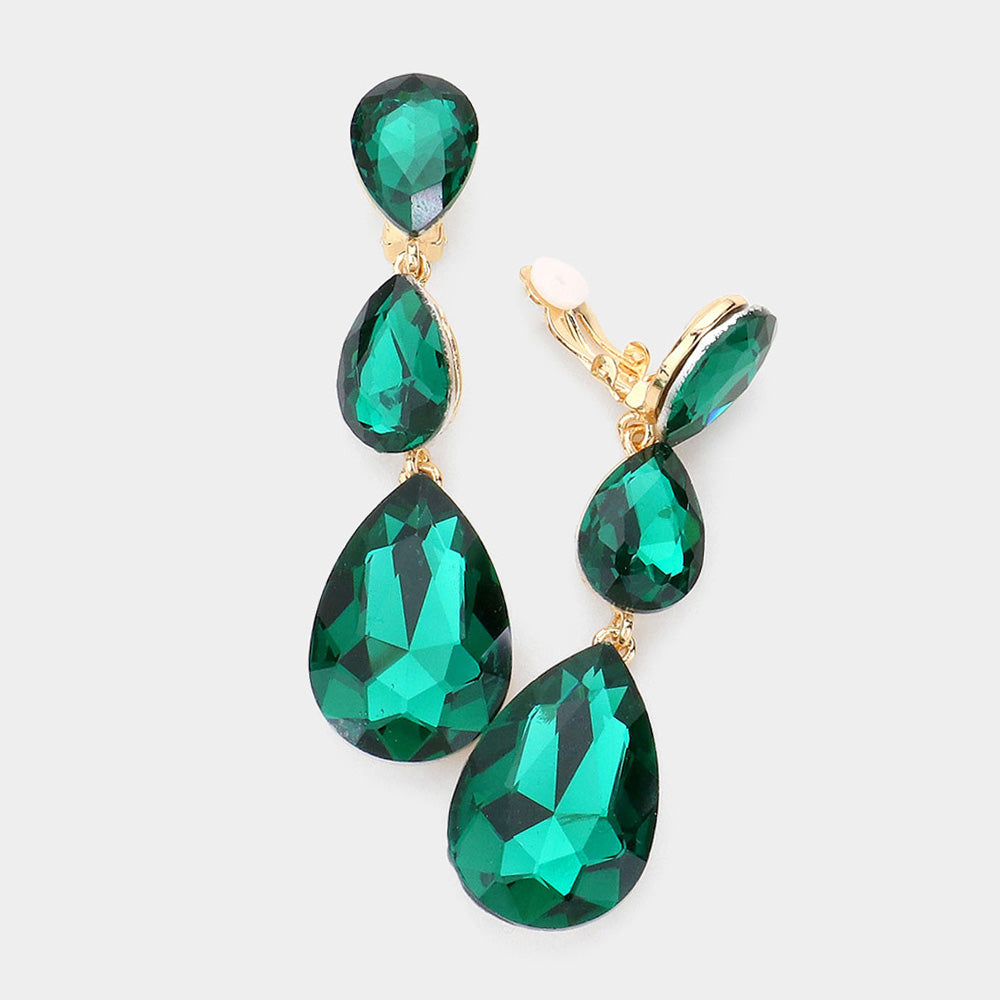 Emerald Teardrop Glass Crystal Drop Evening Clip On Earrings