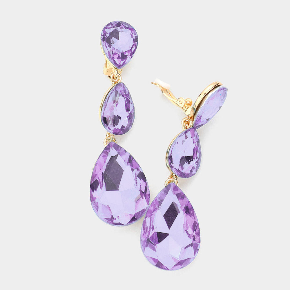 Lavender Teardrop Glass Crystal Drop Evening Clip On Earrings