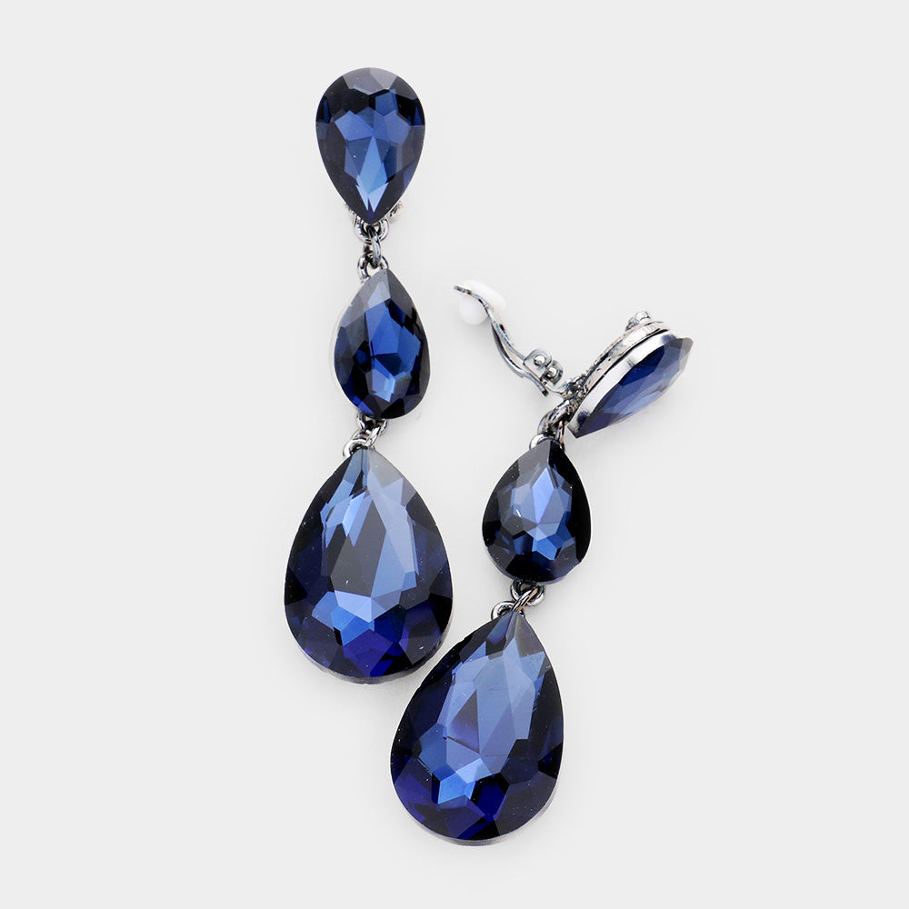 Montana Blue Teardrop Glass Crystal Drop Evening Clip On Earrings