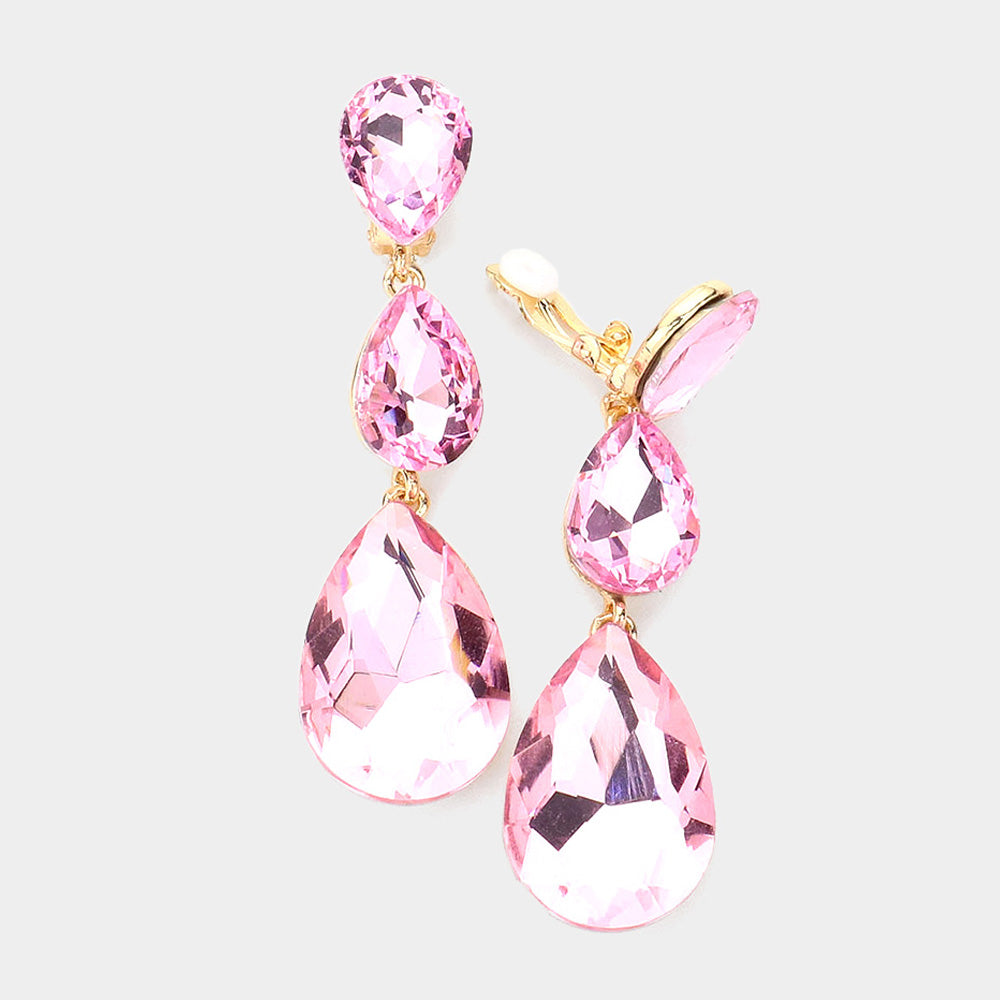 Pink Teardrop Glass Crystal Drop Evening Clip On Earrings