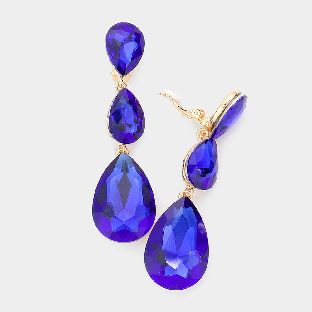 Sapphire Teardrop Glass Crystal Drop Evening Clip On Earrings