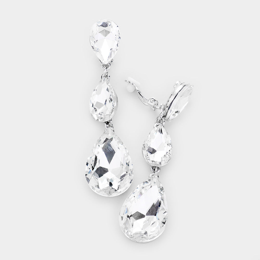 Silver Teardrop Glass Crystal Drop Evening Clip On Earrings