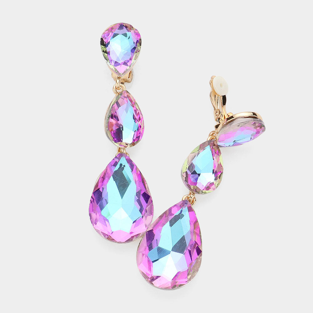Violet Teardrop Glass Crystal Drop Evening Clip On Earrings