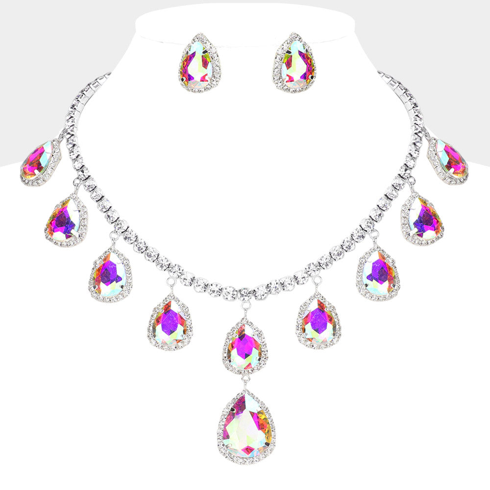 AB, Silver Teardrop Glass Stone Cluster Station Evening Necklace