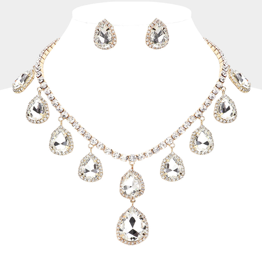 Clear, Gold Teardrop Glass Stone Cluster Station Evening Necklace