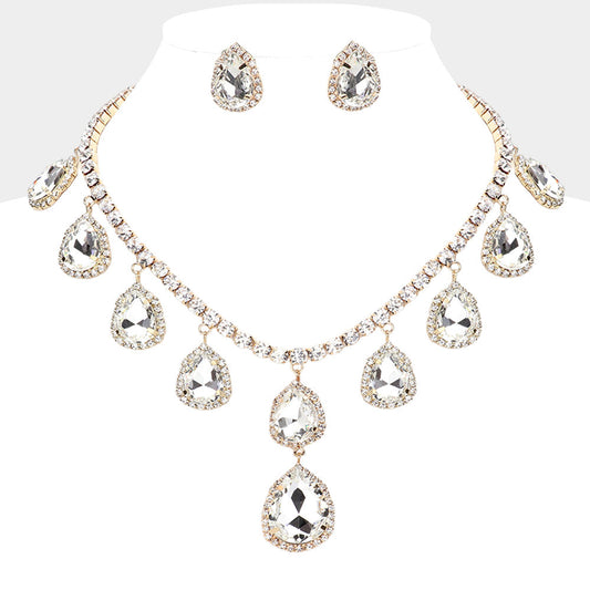 Clear, Gold Teardrop Glass Stone Cluster Station Evening Necklace