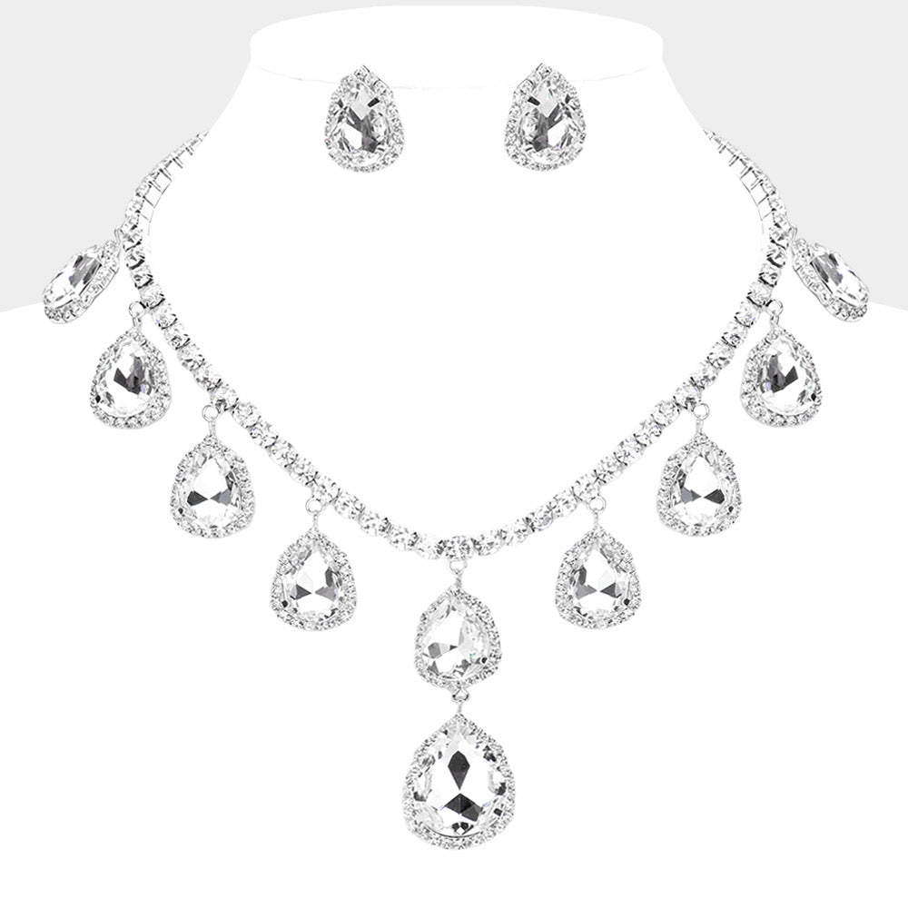 Clear, Silver Teardrop Glass Stone Cluster Station Evening Necklace