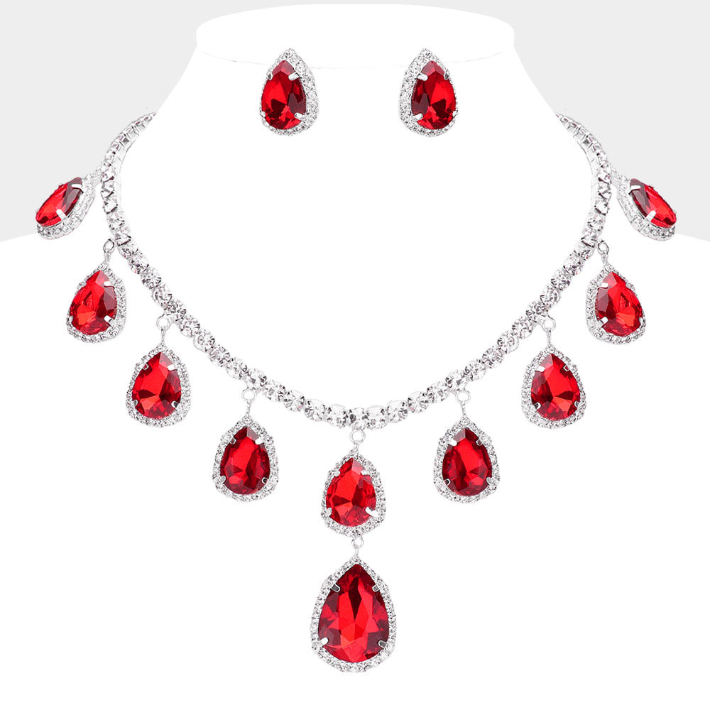 Siam, Silver Teardrop Glass Stone Cluster Station Evening Necklace